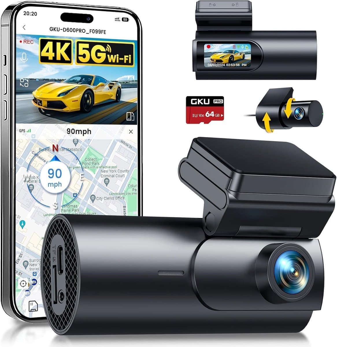 Dashcam 4K voor en achter met wifi app - auto camera met nachtzicht en 64GB SD kaart