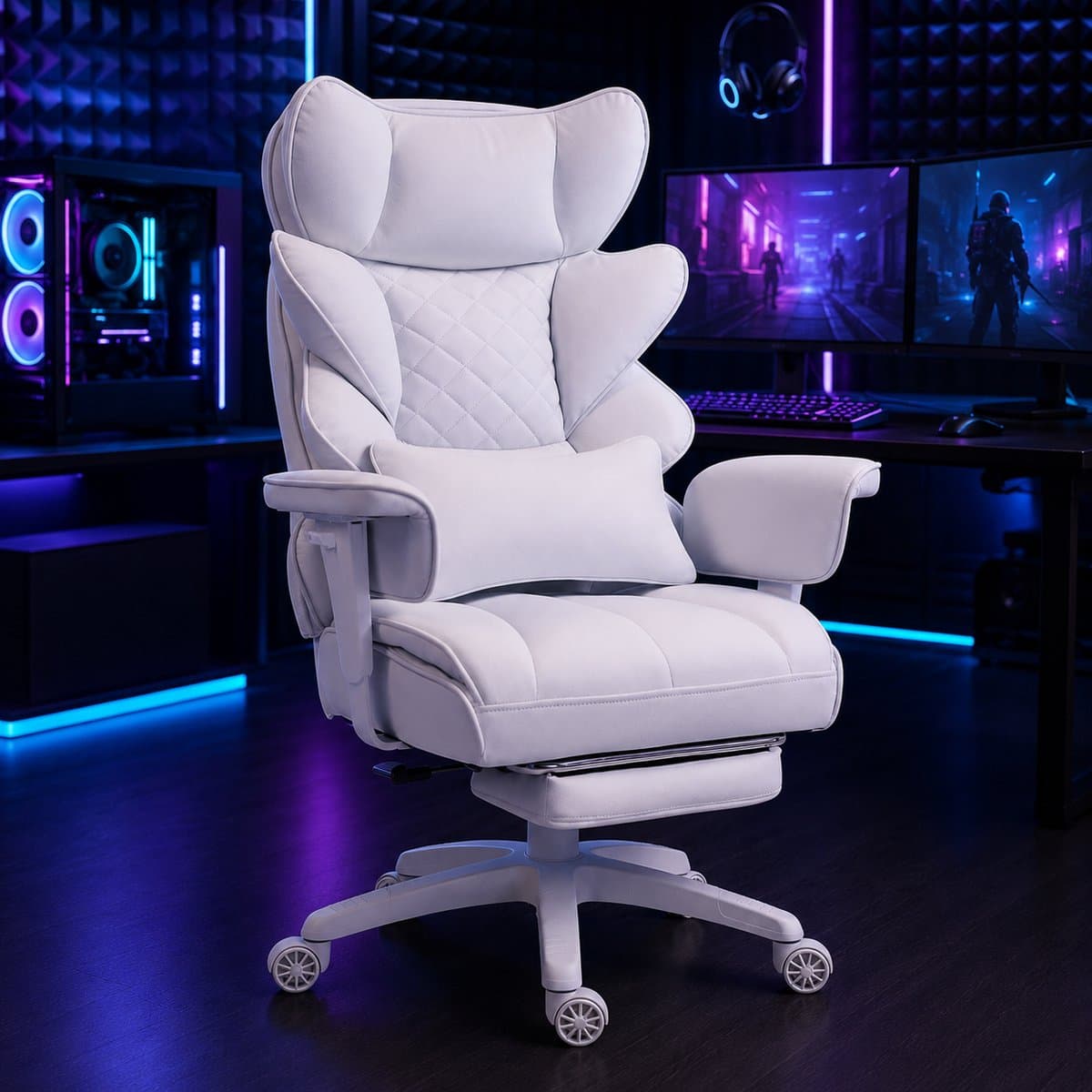 Dowinx Gamingstoel - Ergonomische Bureaustoel - Verstelbaar - Gaming Chair - Comfort gamer stoel - Pocketvering Zitkussen - Dubbele Zachte Rugleuning - Verstelbaar Lendenkussen - Met armleuningen - Met voetsteun - Stof -Wit