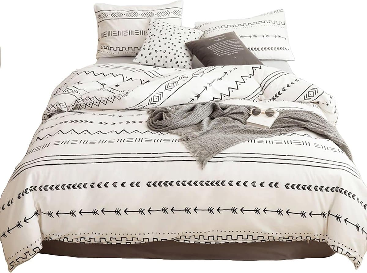 Luxe beddengoed set met rits, 100% polyester, wit gestreept patroon, dekbedovertrek 180 x 220 cm, hoeslaken 230 x 230 cm en 2 kussenslopen 48 x 74 cm, ideaal voor een comfortabele nachtrust