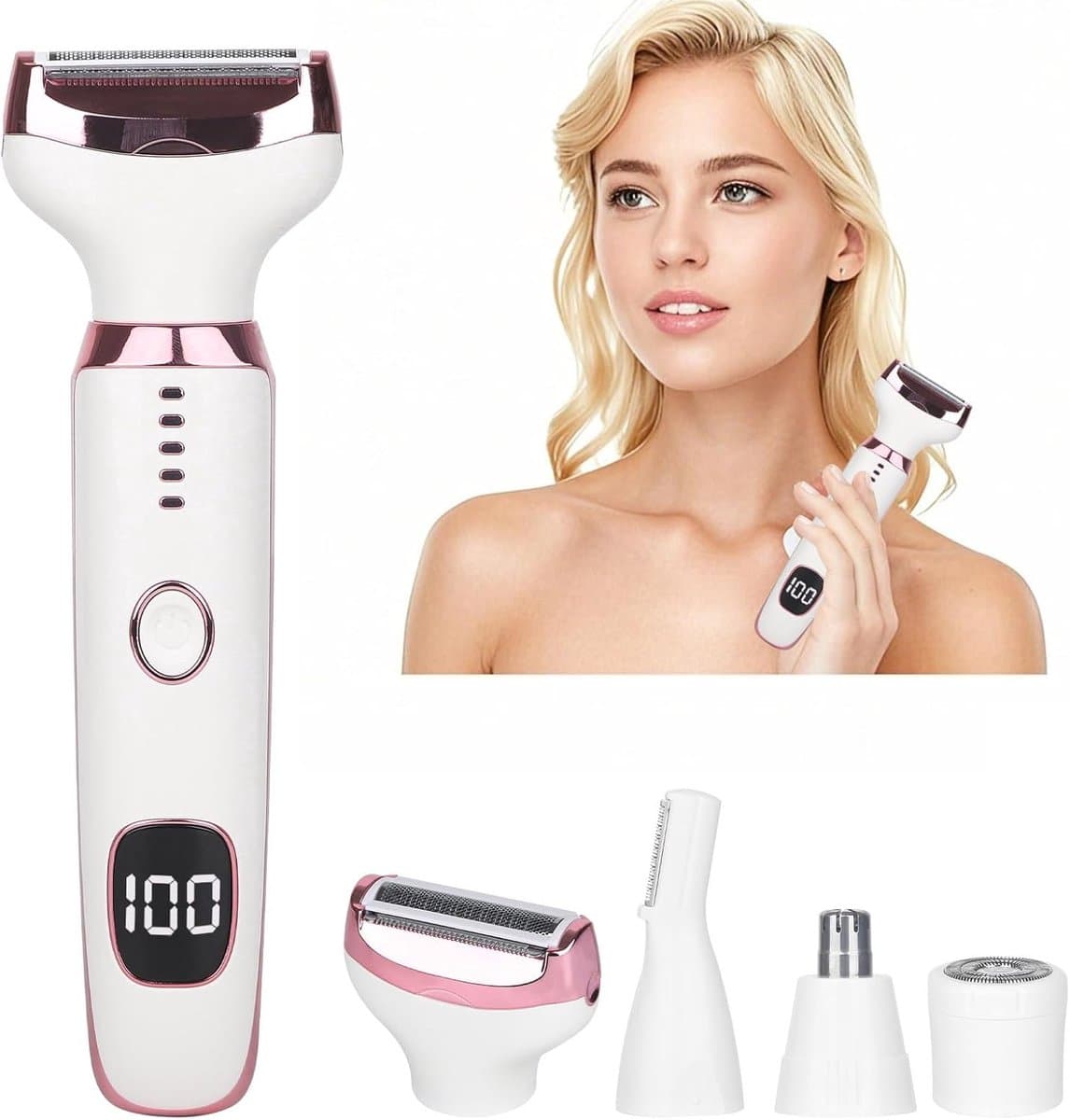 4-in-1 Elektrisch Scheerapparaat voor Vrouwen & Mannen, Oplaadbare Nat & Droog Body- en Gezichtstrimmer met LED-display, Ontharingsset voor Neus, Gezicht, Lichaam en Bikinilijn - wit