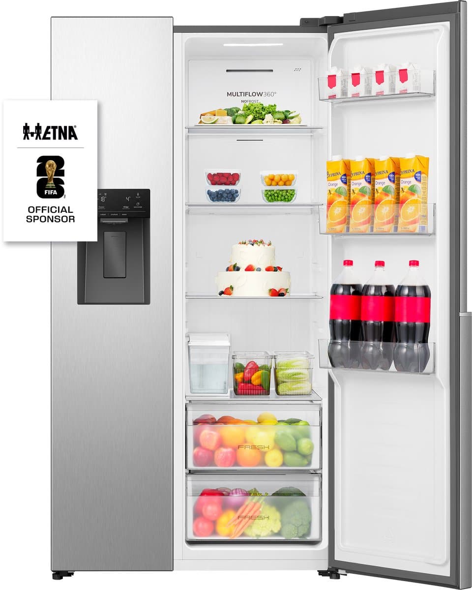 ETNA AKV5178IRVS - Amerikaanse koelkast - No-Frost - 178 cm hoog - 528 liter - Energielabel E - Invriesvermogen 10 kg/24u - Geluidsniveau 40 dB - LED Display - IJs- en waterdispenser - SuperCool - FastFreeze - Deuralarm - Multi Airflow – EnergySaving