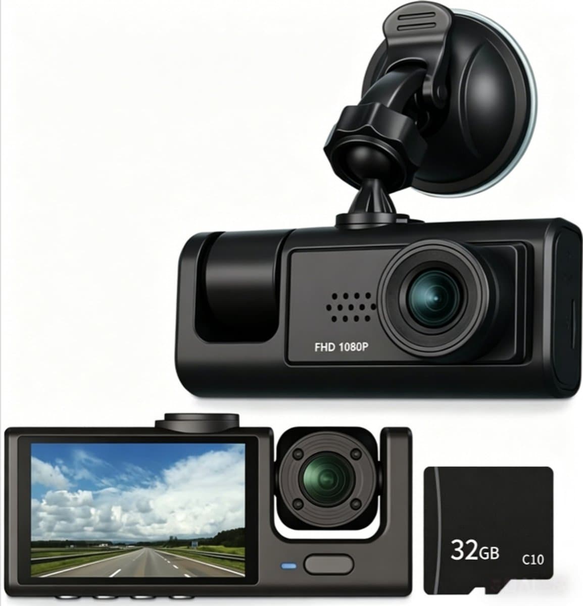 Driecamera-dashcam - WiFi - 170° groothoek - drie camera's (voor, binnen en achter) - Full HD - 2-inch scherm - Nachtzicht en botsingsdetectie - Cyclische opname - Achteruitrijcamera - inclusief 32 GB SD-kaart