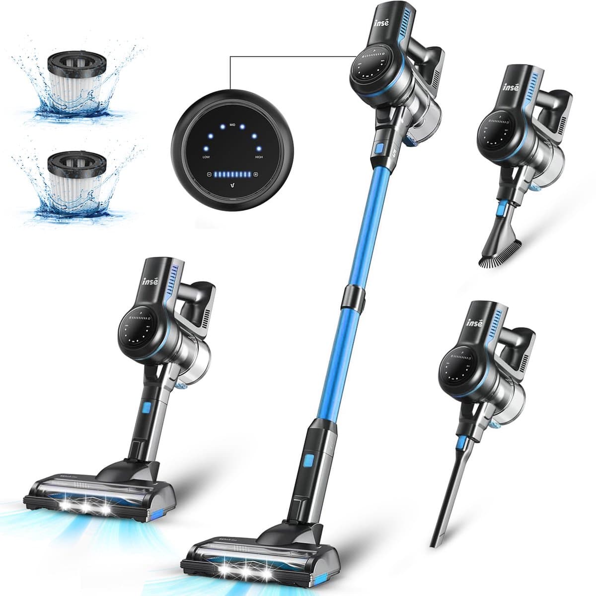Draadloze steelstofzuiger, INSE, S7P, blauw, 6-in-1 lichtgewicht steelstofzuiger, 26 kPa, 45 min. gebruiksduur, 65 dB, 265 W, 1 l tank
