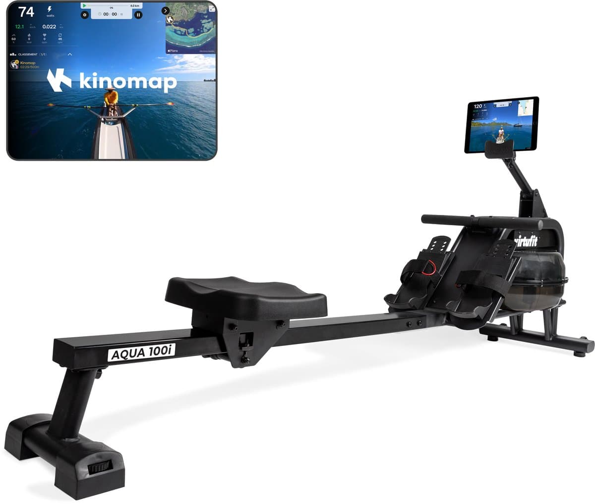 VirtuFit AQUA100i Roeimachine met Waterweerstand - Enkele Rail - Incl. Display, Tablethouder en Transportwielen - Kinomap & Fitshow - Max. 120 kg en 200 cm - Roeiapparaat - Roeitrainer
