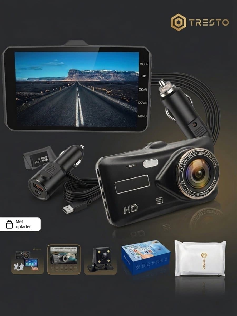 TRESTO - Dashcam Full HD Camera – 4 inch Touchscreen – Dashboardcamera – Full HD 1080p – Loop Recording – Nachtvisie – Bewegingssensor – G-sensor – Autocamera Voor én Achter - voor auto