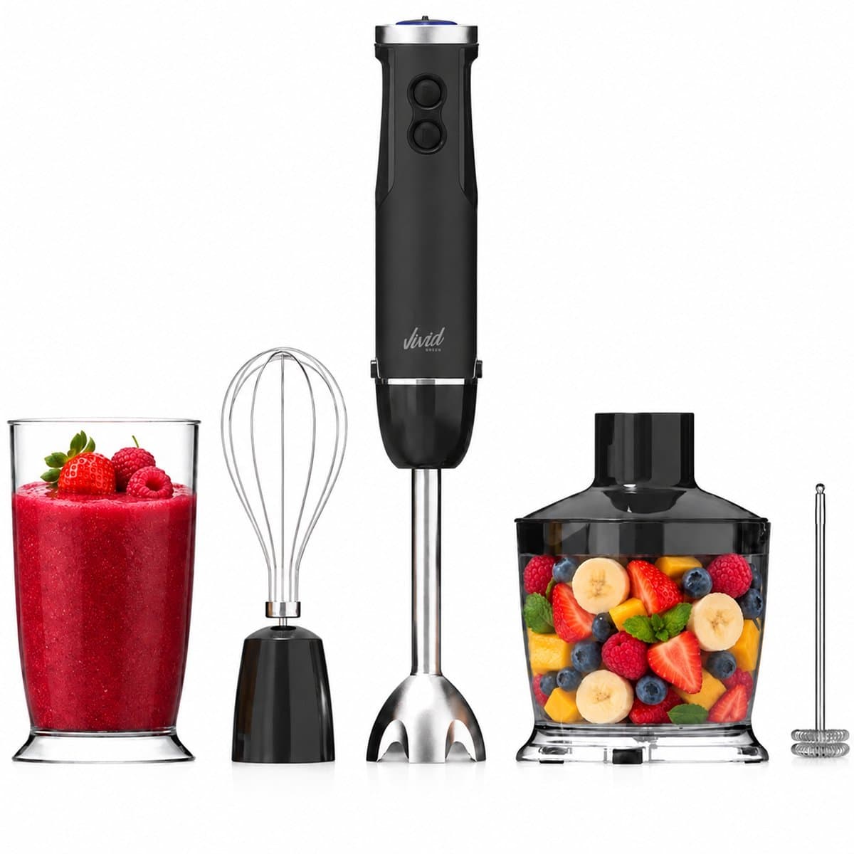 Staafmixer 5-in-1 Set - 1000W - Vaatwasserbestendig - Incl. Hakmolen, garde, melkopschuimer & Maatbeker - 12 Snelheden + Turbofunctie - Zwart - Vivid Green