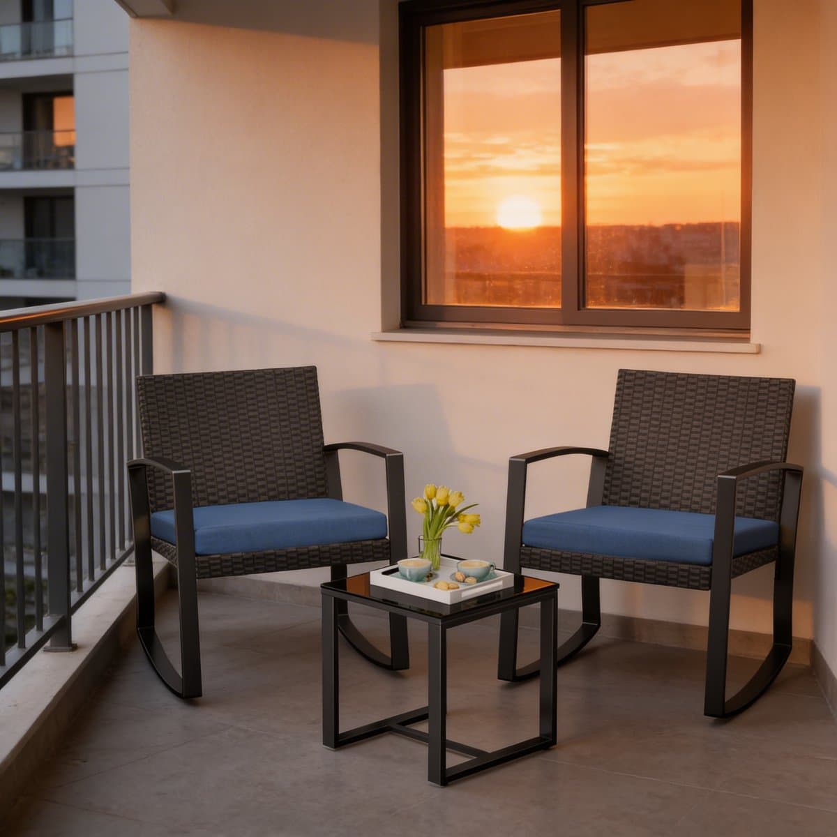 Bealife WR210 Garden Tuinset - 3 Delige Stoel Loungesets - Rieten Patio Set 2 Persoons met Salontafel - Bistroset van Rotan Patio Stoelen voor Balkon, Veranda, Tuin, Zwembadzijde -68x58x73cm -Blauw