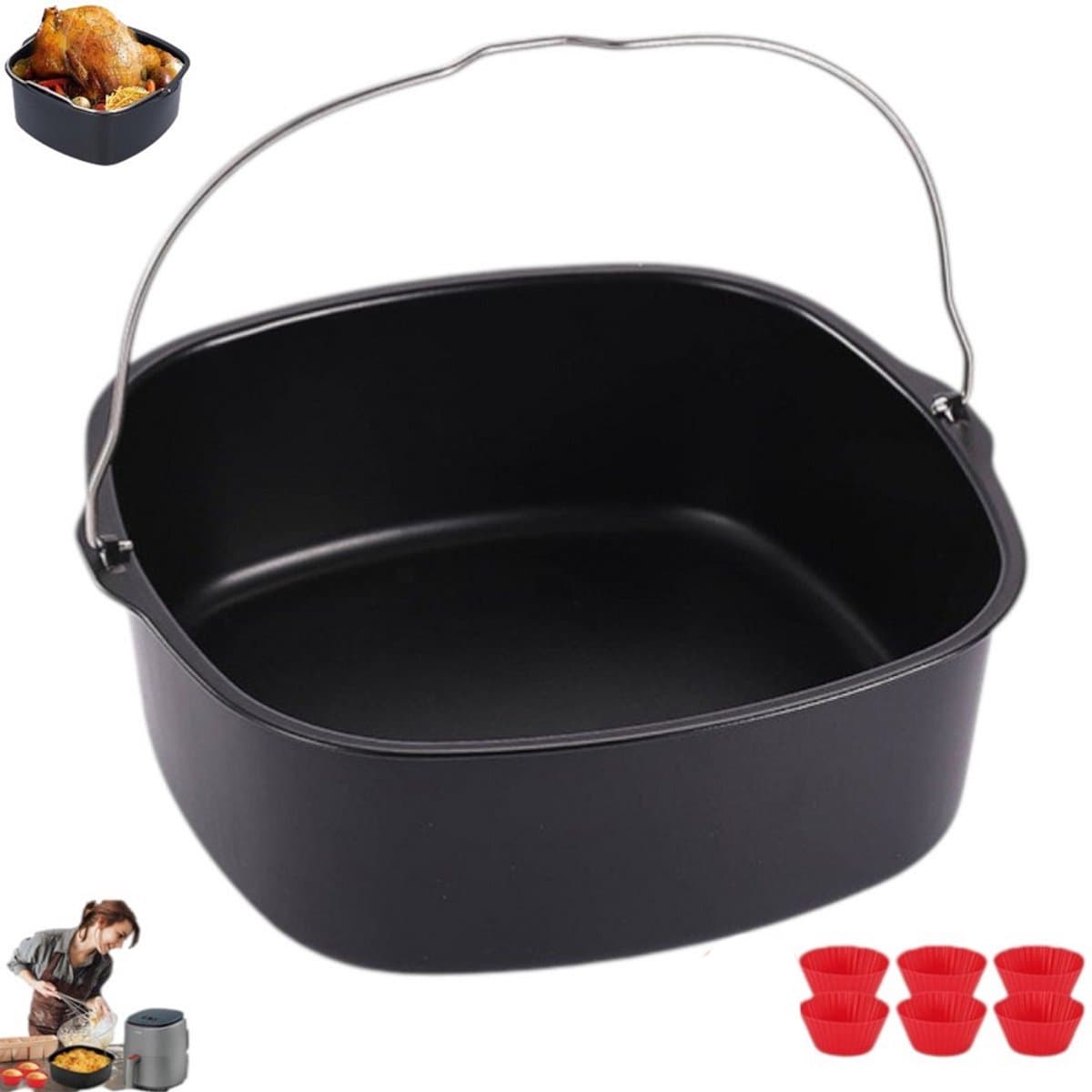 Accessoires voor de airfryer - vierkante antiaanbak bakvorm - Ongeveer 17,78 cm - Vierkante bakvorm voor airfryer - Zwart - Roestvrijstalen bakvorm - Inclusief 6 mokken - Herbruikbare bakvorm - Broodbakmand
