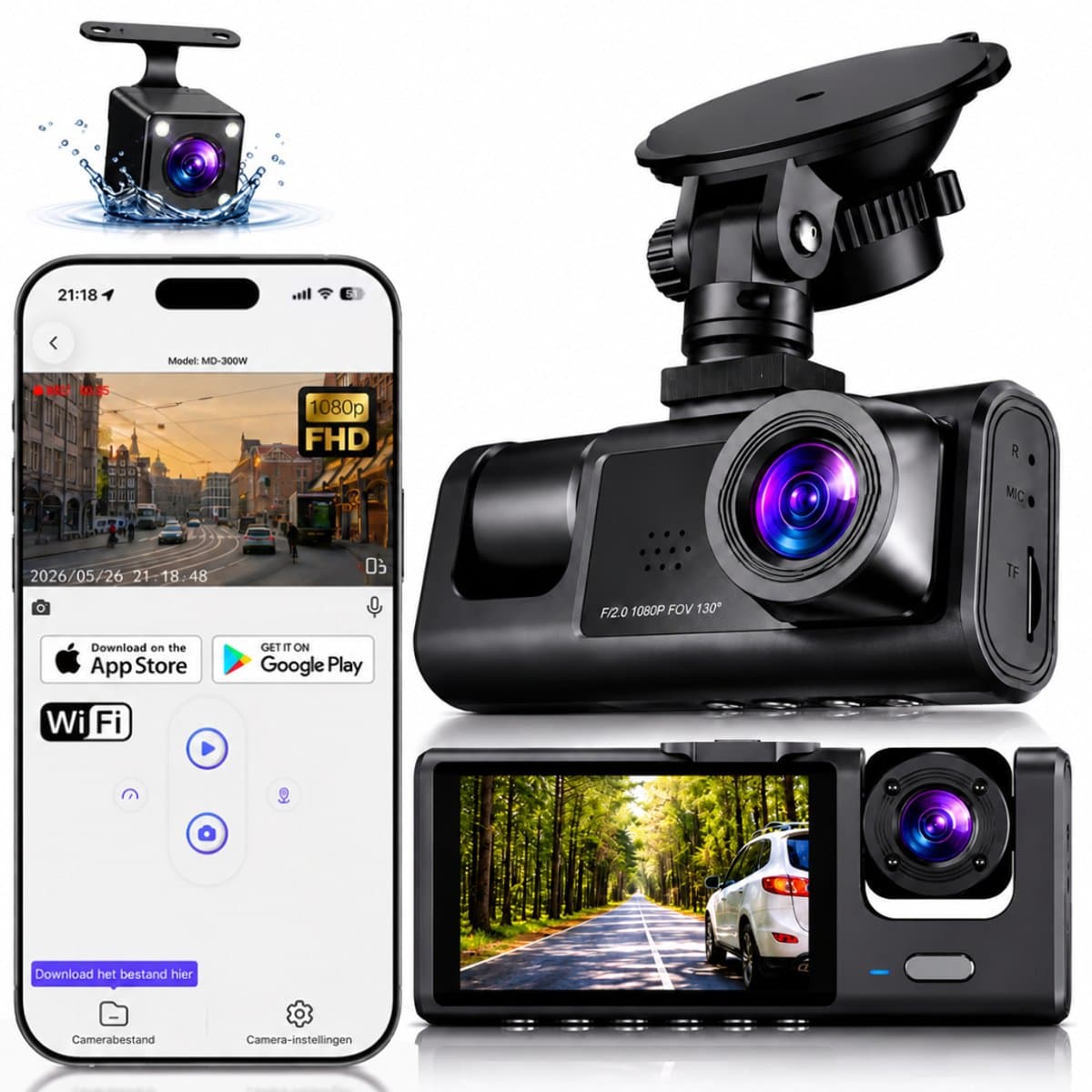MrGoods Dashcam Auto - Triple Lens Dashcam Voor Achter Binnen Camera - Wifi - 1080P Full HD - Nachtzicht - G-Sensor - Parkeermodus - Looprecording
