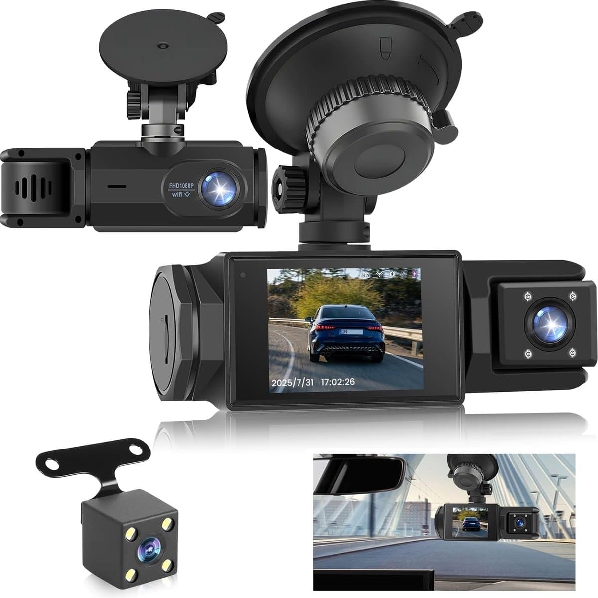 WiFi Dashcam voor Auto – 3-kanaals Draadloze Dashcam met App, Voor Binnenin Achter Camera, Full HD 1080P, 2” IPS-scherm, Nachtzicht, Bewegingsdetectie, Loopopname, 64GB-kaart Inbegrepen