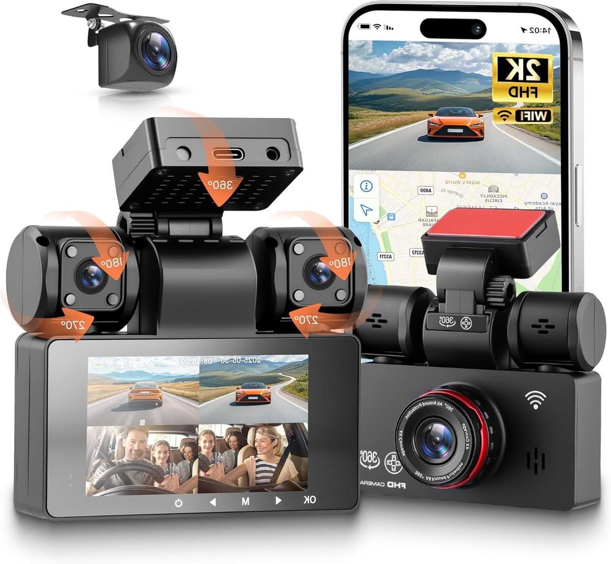 4-kanaals Dashcam - Auto Camera - Veilig Rijden - 360 Graden Opname - 2K 1080P - Zwart