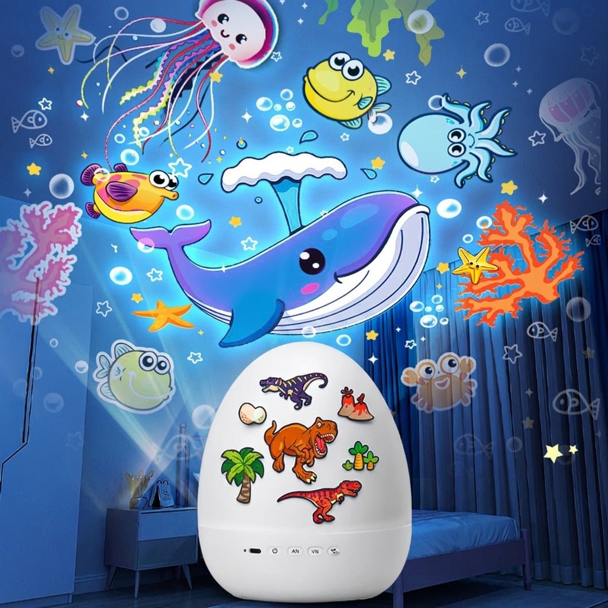 Sercano Dinosaur Projector - Ingebouwde 8 muziek - Sterrenhemel projector & Kinder Nachtlampje - 6 Thema's - Oplaadbaar - 5 uur Gebruiksduur - Schattig Cadeau