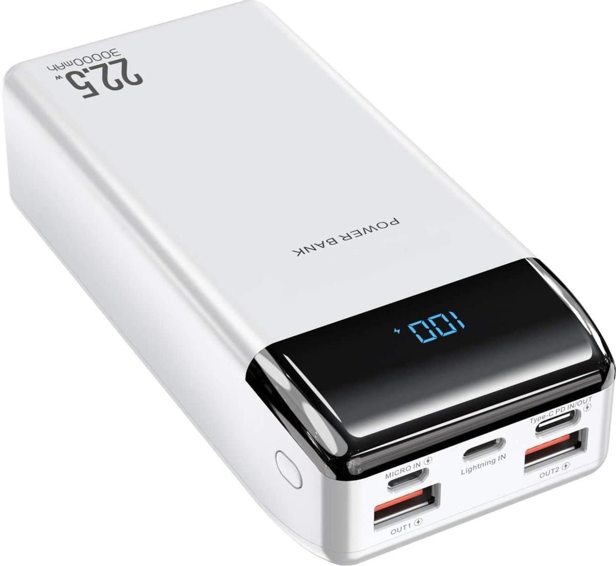 DrPhone PW6 Powerbank 30000mah - 22.5W- Draagbare Oplader - Nood -Batterijlader USB-C PD 20W met Digitale LCD-scherm – 2x Qualcom 3.0 - Wit