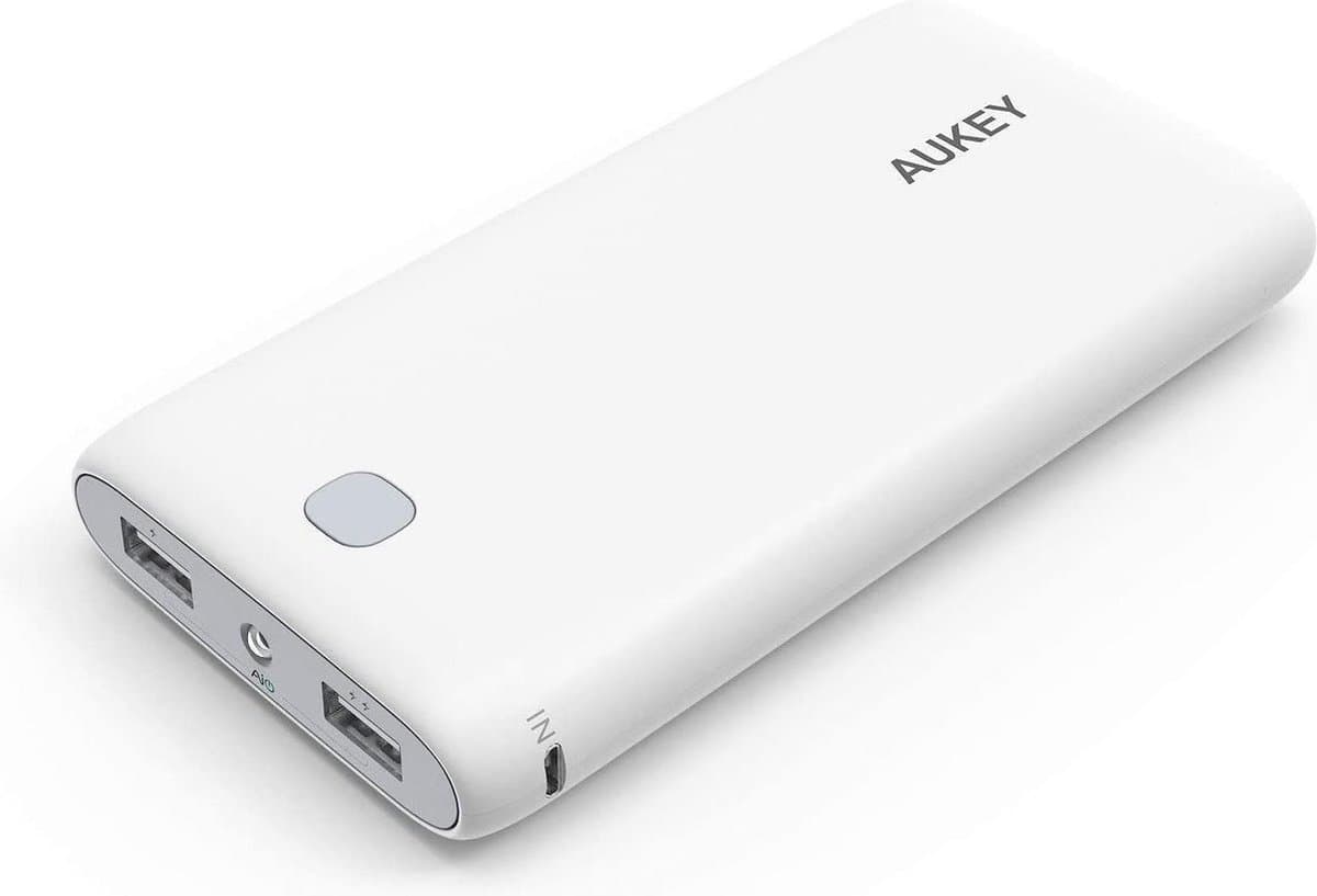 AUKEY Powerbank 20000 mAh - Draagbare Oplader met 2 USB Poorten, AiPower Technologie, Geïntegreerde Zaklamp, LED Batterij Indicator – Wit