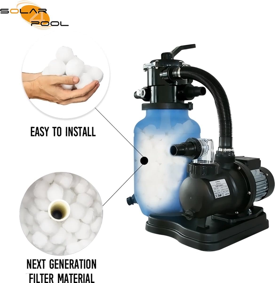 Sunmax Filter systeem zandfilterpomp 7500 l/uur zwembad pomp met filter mandje + 4 zakken Filterbollen (extra filtratie) en VIDEOHandleiding | Zwembadpomp elk zwembad | Ook uw zwembad | 32mm of 38mm aansluiting