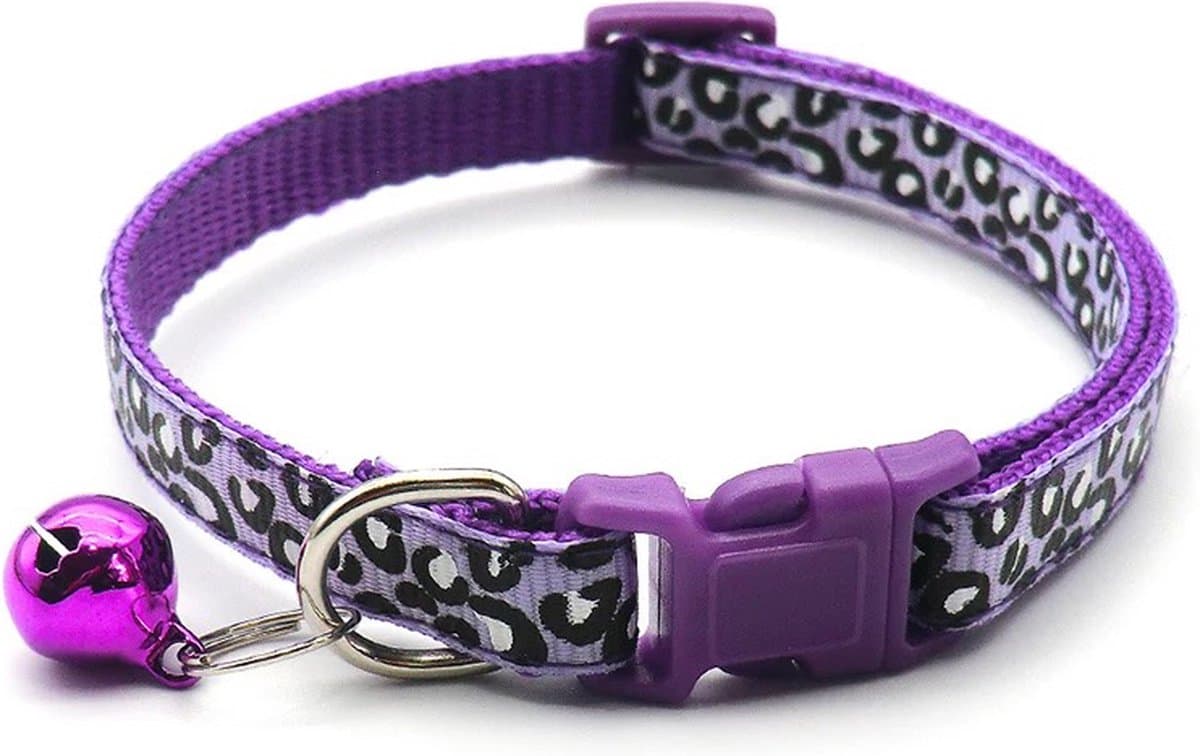 Premium Dierenhalsband met Leopard Print en Belletje Paars | 19-33cm Verstelbaar | Geschikt voor Hond Kat Puppy en Kitten | Halsband | Halsbandje | Hondenhalsband | Hondenhalsbanden | Kattenhalsband | Kattenbandje met Belletje | Bel