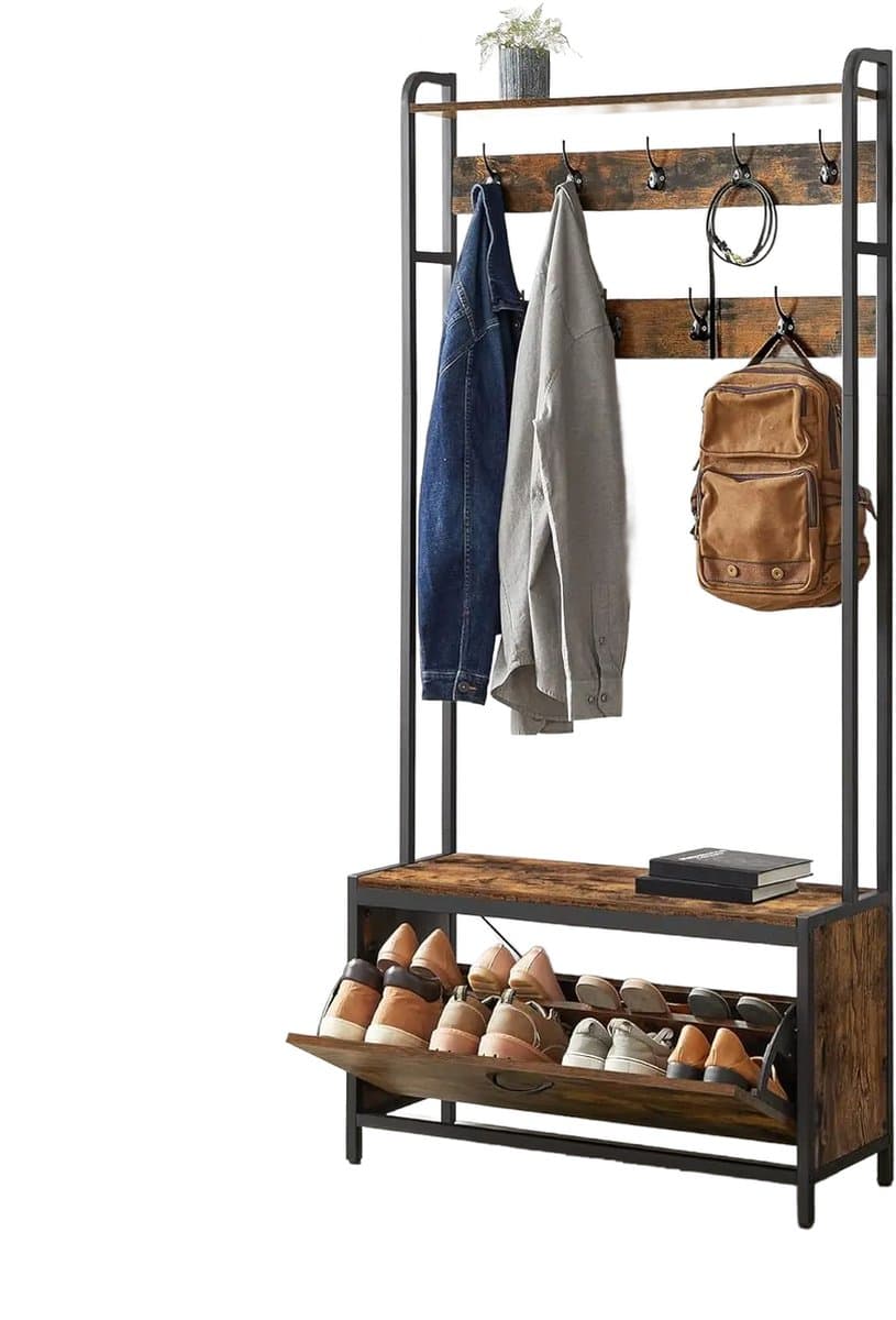 Vasagle Kapstok met schoenenrek - kapstok met bank - kledingrek - schoenenrek - 9 haken - bovenste plank - voor hal - slaapkamer - industrieel design - vintage bruin