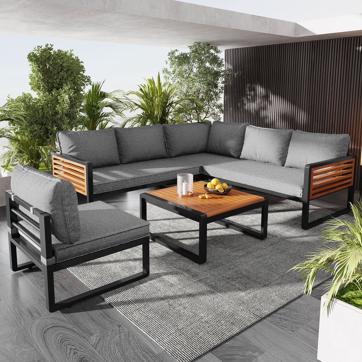5-6 persoons Tuinset met verzinkt ijzeren frame, modern buitenbankje met houten armleuningen