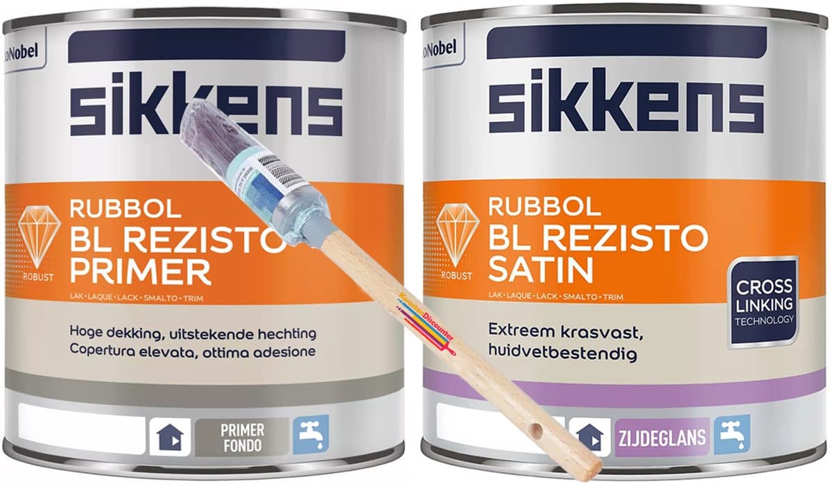 Sikkens (Voor binnen) Rubol BL Rezisto primer wit + sikkens rubbol bl rezisto satin RAL1013 + GRATIS KwastenDiscounter professionele verfkwast