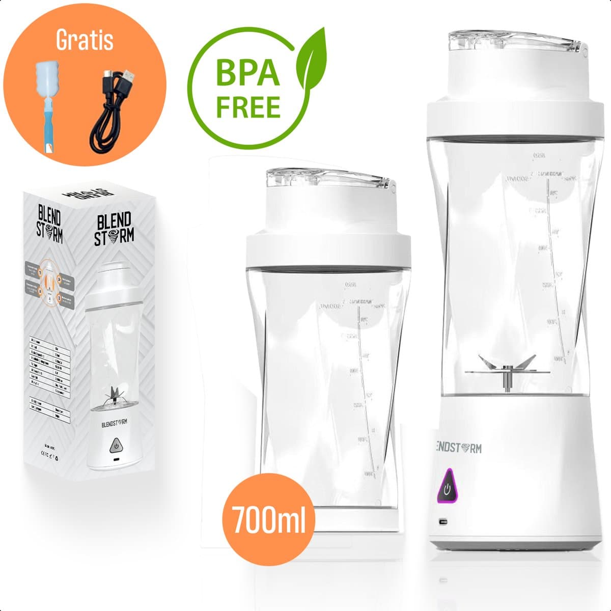 BlendStorm® Draagbare Blender Premium - Draadloze Blender - Draadloos - Blenders - Blender To Go - 6 Mesjes - Mini Blender - Smoothie Maker - Juicer - Keukenmachine - USB Oplaadbaar - 700 ml - Wit