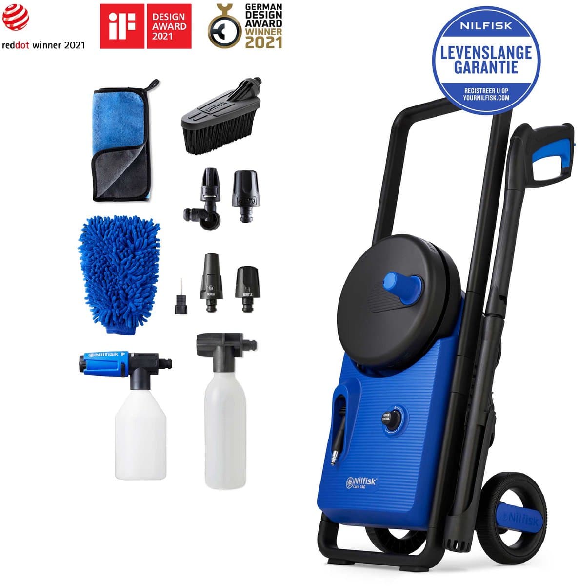 Nilfisk Core 140 PowerControl Premium Carwash – Hogedrukreiniger met 140 bar, PowerControl, metalen pomp, 6 m Ultraflex-slang en complete auto accessoireset