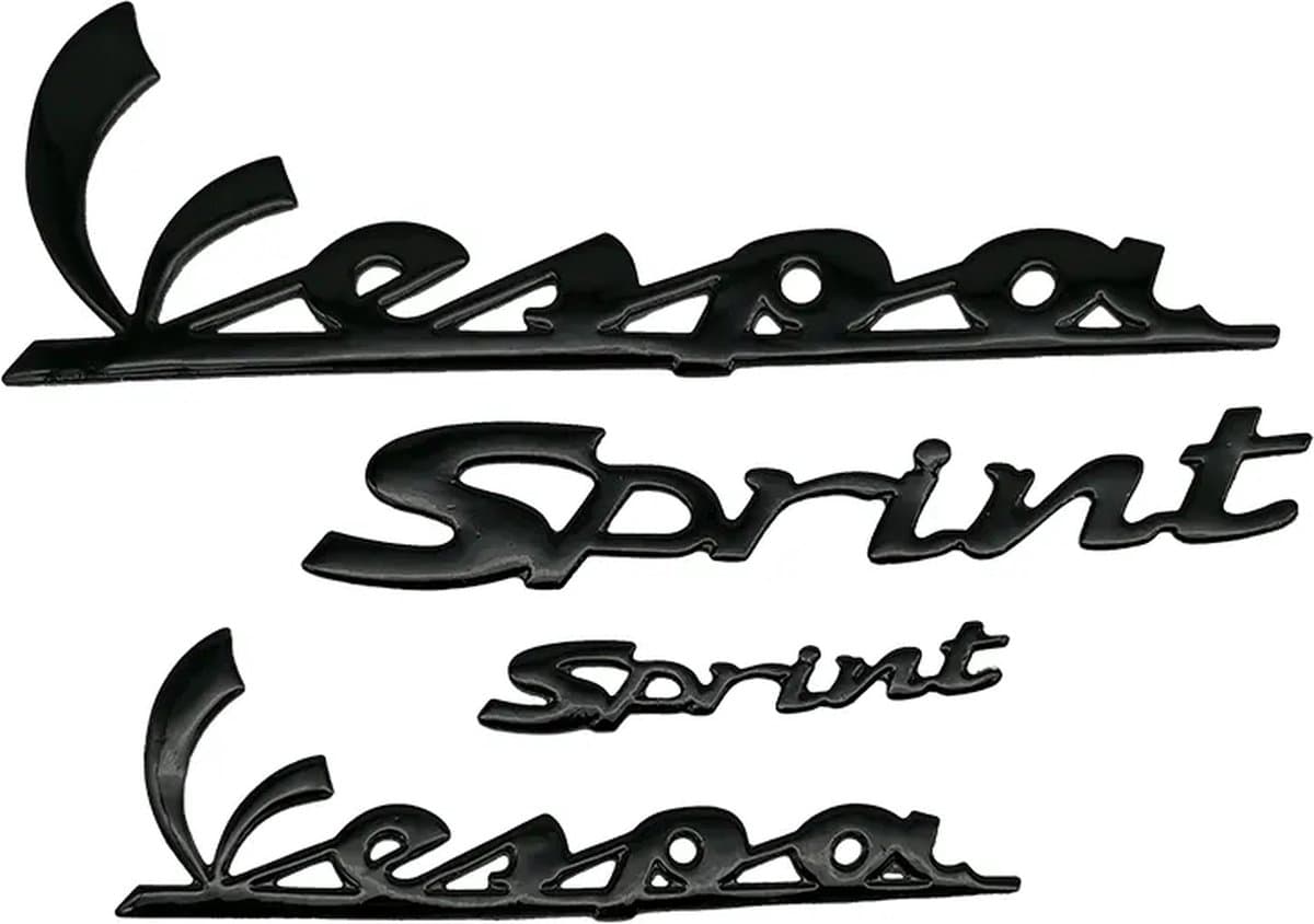 Embleem set voor Vespa Sprint - 4-delige stickerset - sticker hoogglans zwart - Vespa Sprint embleem setje Piaggio compleet - Hoogglans Zwart - Vespa embleem set