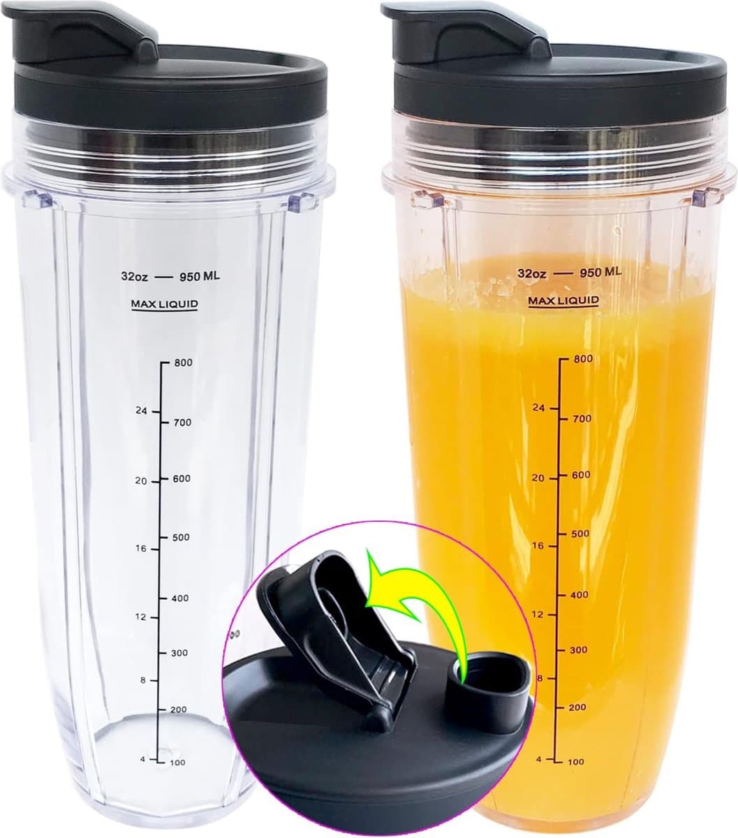 Geschikt voor 32oz Blenderbeker met Sip & Seal-deksel - Geschikt voor ,BL450,BL454,BL455,BL456,BL480,BL481,BL482,BL490,BL640,BL642,BL682,SS101,SS401,SS351/,voor Nutri Ninja Auto IQ-serie blenders, 2-pack