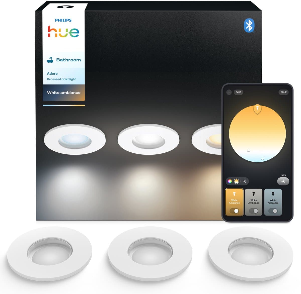Philips Hue Adore badkamerinbouwspot - warm- tot koelwit licht - 3-pack - wit