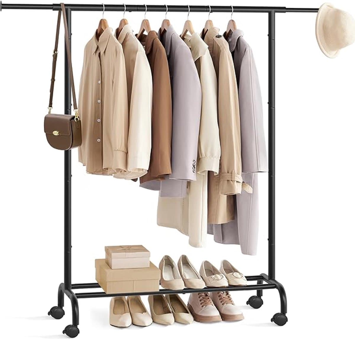 Kledingrek op Wielen Zwart - Uitschuifbaar 92-132 cm - Heavy Duty Metaal - Garderoberek met Wielen & Schoenenrek - Kapstok voor Slaapkamer - Industriële Stijl