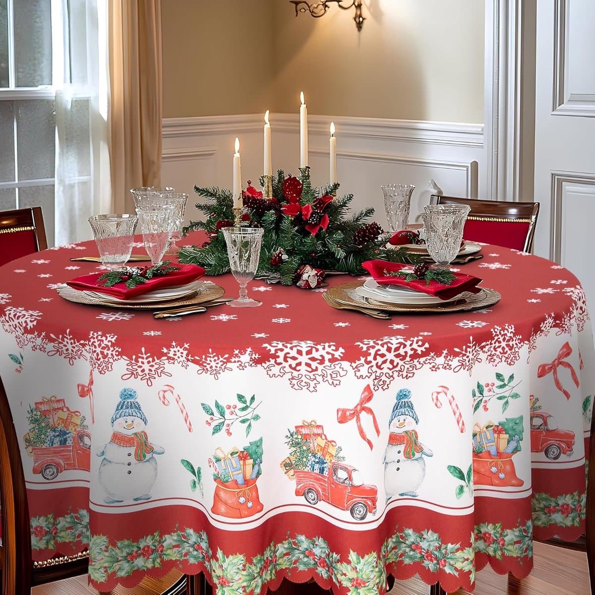 Kersttafelkleed - Rond waterdicht en vlekbestendig tafelkleed - Kerstsneeuwvlok Sneeuwpop Tafelkleed - Perfect voor familiebijeenkomsten Kerstdiner Vakantie Feest Woondecoratie - 180cm