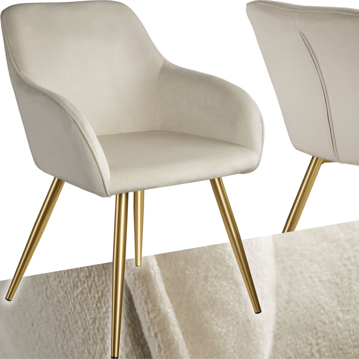 tectake® Eetkamerstoel Marilyn - Met Armleuningen - Elegante Stoel met Gevoerde Zitting in Fluweellook - Gestoffeerd - Gouden Metalen Poten - Ergonomische Keukenstoel - Stoel voor Woonkamer, Eetkamer en Slaapkamer - Creme