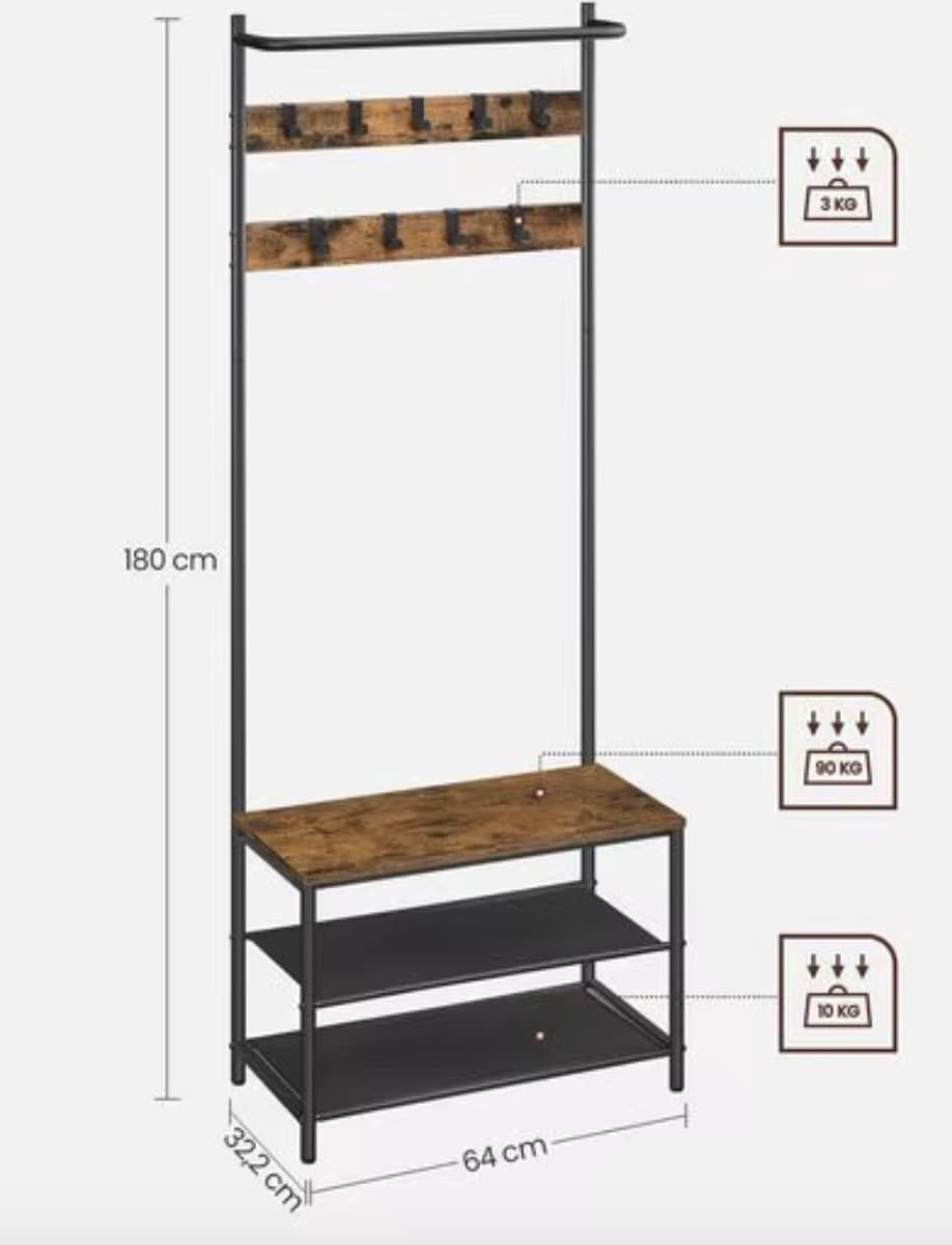 J&R Kapstok - Kledingrek - Schoenenrek - Stang - Haken - Industrieel - Hout en metaal - Bruin/Zwart
