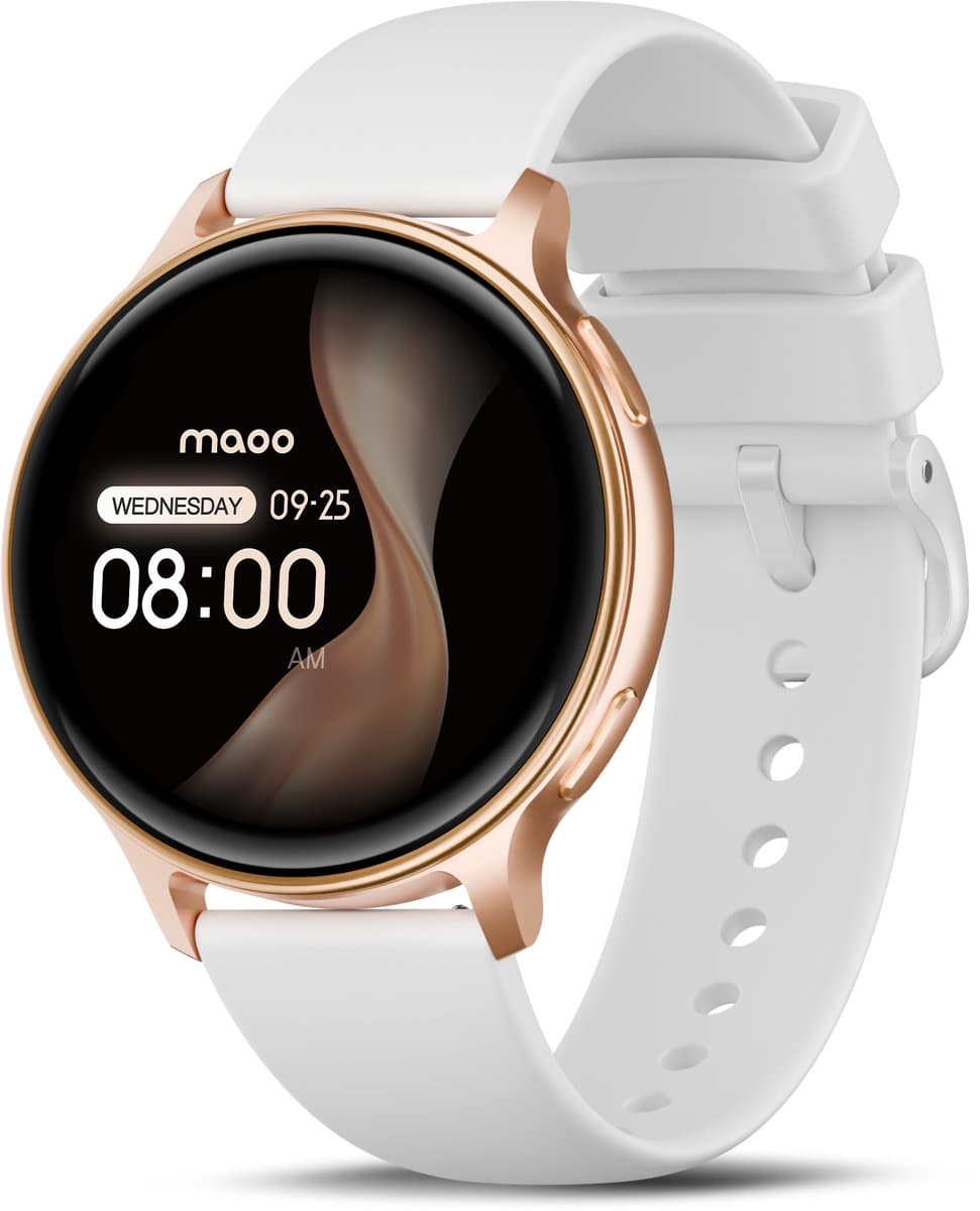 Maoo Ventura 2 - GPS Smartwatch Dames - AMOLED - Siliconen, Leren en Sportbandje - Stappenteller - Hartslagmeter - Slaapmonitor - Belfunctie - AOD - Multisport - Geschikt voor Android en iOS - Rosé Goud en Wit