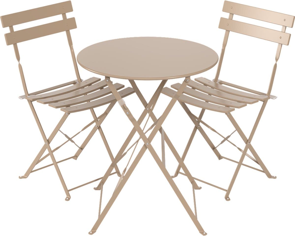 LifeGoods Bistroset - Staal - 3-delig - Tuinset - Inklapbaar - Balkonset met Tafel - Weerbestendig - Taupe