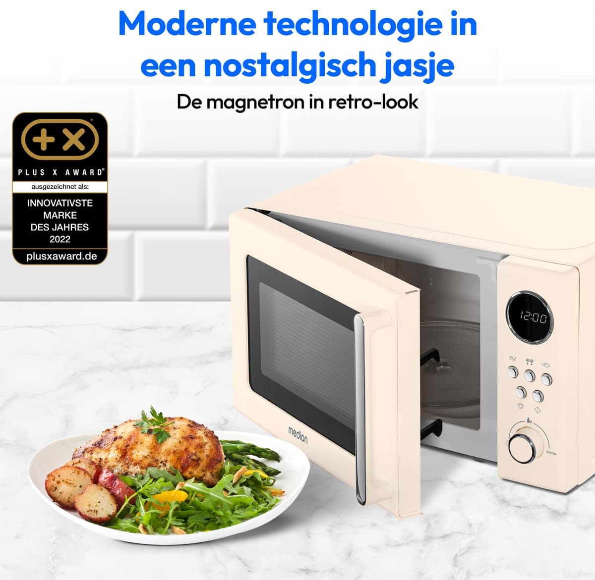 MEDION retro magnetron (20 liter, ca. 800 watt, 5 magnetronstanden, 8 automatische programma's, digitaal display, ontdooifunctie, compact, MD15000) beige