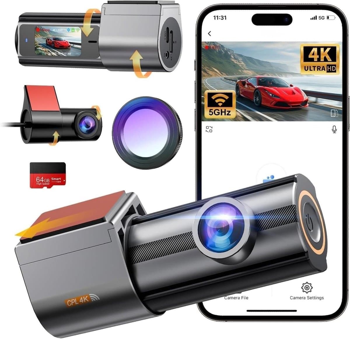 SNJY® Dashcam voor Auto - Auto Camera - Dashcam Voor en Achter - 4K+1080P - Zwart - 64 GB