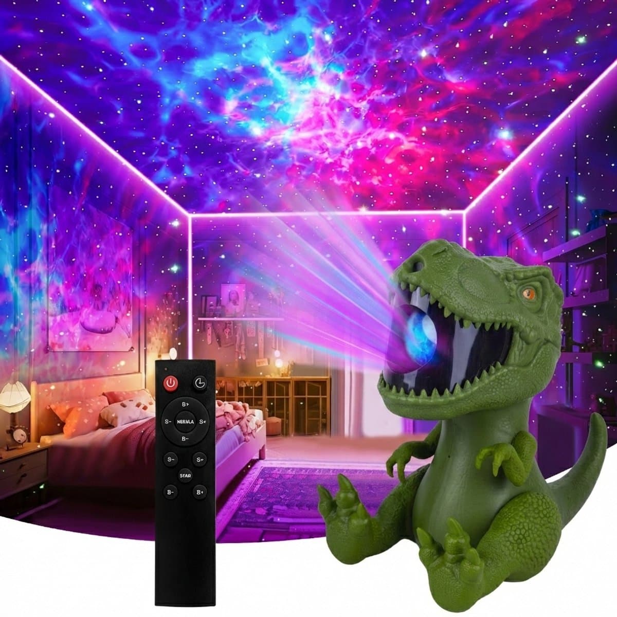 MUPOO Dinosaurus Galaxy Projector Dimbaar & Nevel Apart Instelbaar - T-Rex sterrenhemel projector - 360° Draaibaar & Magnetisch - Met Afstandsbediening & Timer - Stoer Dino Speelgoed & Cadeau voor Jongens - Green