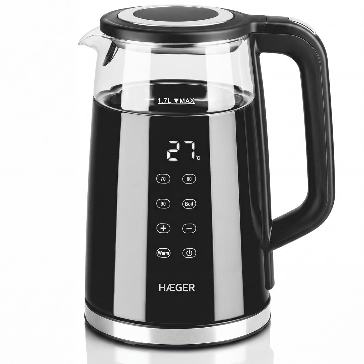 Haeger Digiglass Waterkoker met Temperatuurregeling - Anti-kalkfilter - Warmhoudfunctie - Dubbelwandig - Elektrisch - 1,7 Liter - 2200W - Zwart