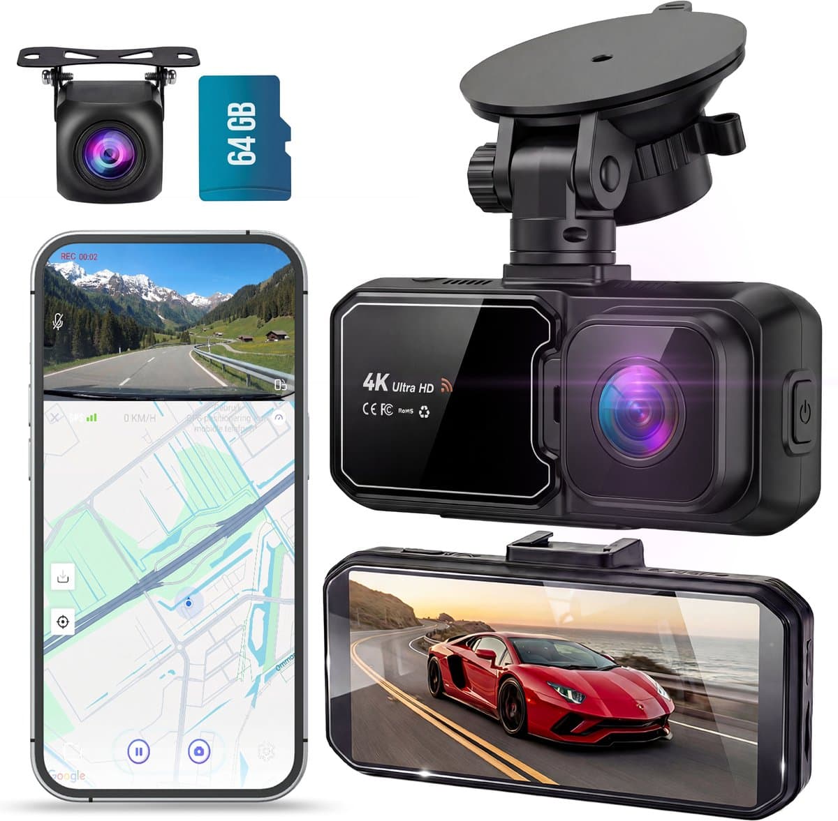 Senzo Dashcam - Voor Auto - 4K Ultra HD - Voor & Achter - Wifi & GPS - Nachtzicht - G-Sensor - Met Parkeerbewaking - Met App - 64GB