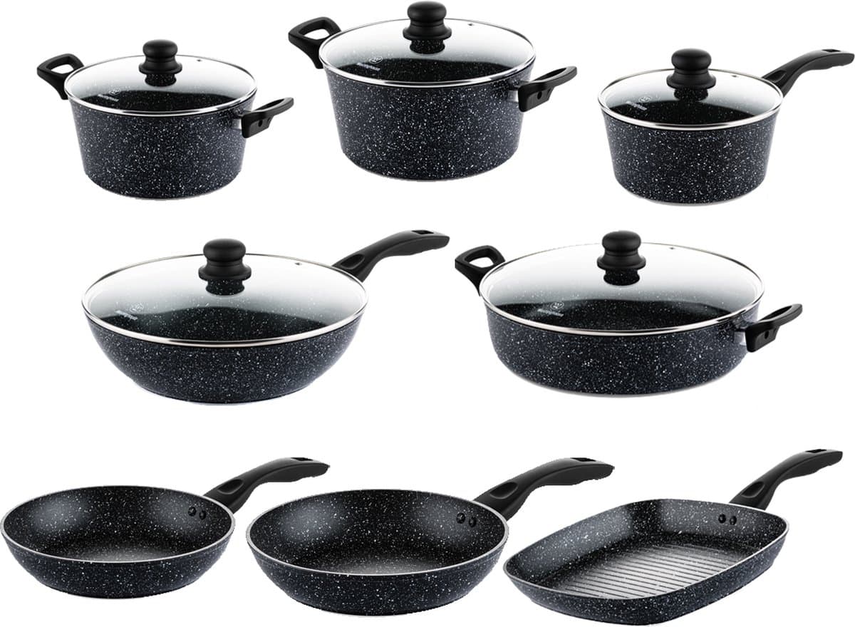 Westinghouse 8-delige Pannenset – Koekenpannen + Hapjespan + Braadpannen + Steelpan + Wokpan + Grillpan – Inductie – Black Marble