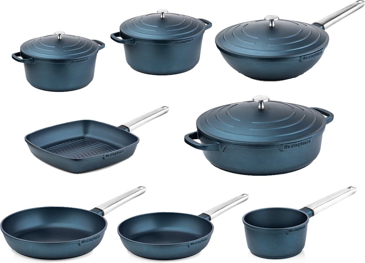 Westinghouse Performance 8-delige Pannenset – Koekenpannen + Braadpannen + Hapjespan + Wokpan + Grillpan + Steelpan – Inductie – Blauw
