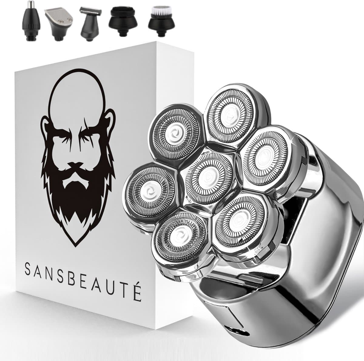 6-in-1 Scheerapparaat Mannen – Trimmer - Sansbeauté® Skull Sharp V1 | 7 Head - Nat & Droog - Electric Face Head & Hair Shaver – Hoofd Kaal Scheren - Opzetstukken - Elektrisch