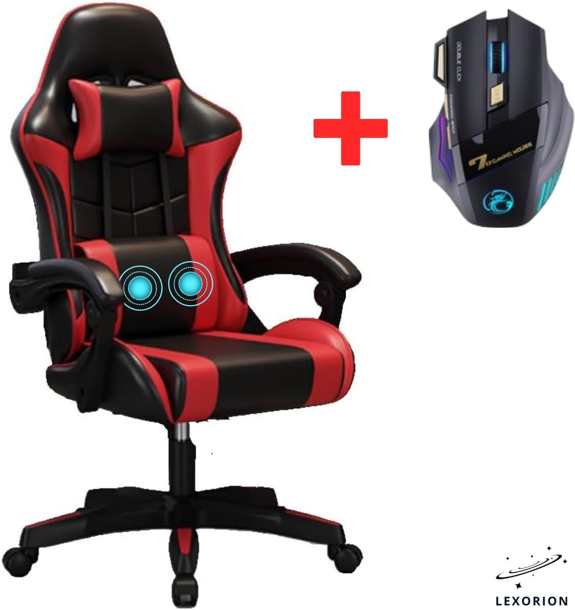 Lexorion Gaming Stoel – Ergonomische Gaming Chair – Inclusief Gratis RGB Gamingmuis Cadeau – Verstelbaar – Lederen Gamestoel – 136 kg – Rood– Bureaustoel