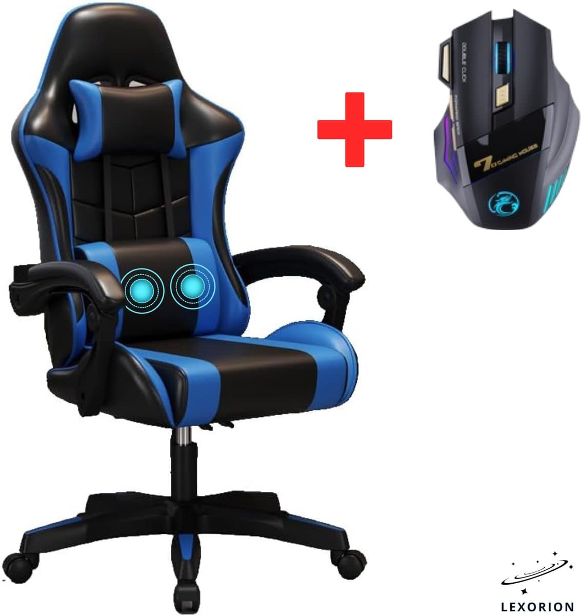 Lexorion Gaming Stoel – Ergonomische Gaming Chair – Inclusief Gratis RGB Gamingmuis Cadeau – Verstelbaar – Lederen Gamestoel – 136 kg – Blauw – Bureaustoel