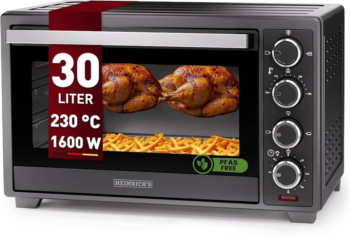 Heinrich´s HMO 8401 Mini-oven met hete lucht - 30L - kleine oven met draaispit, airfryer-inzetstuk – binnenverlichting - 1600W