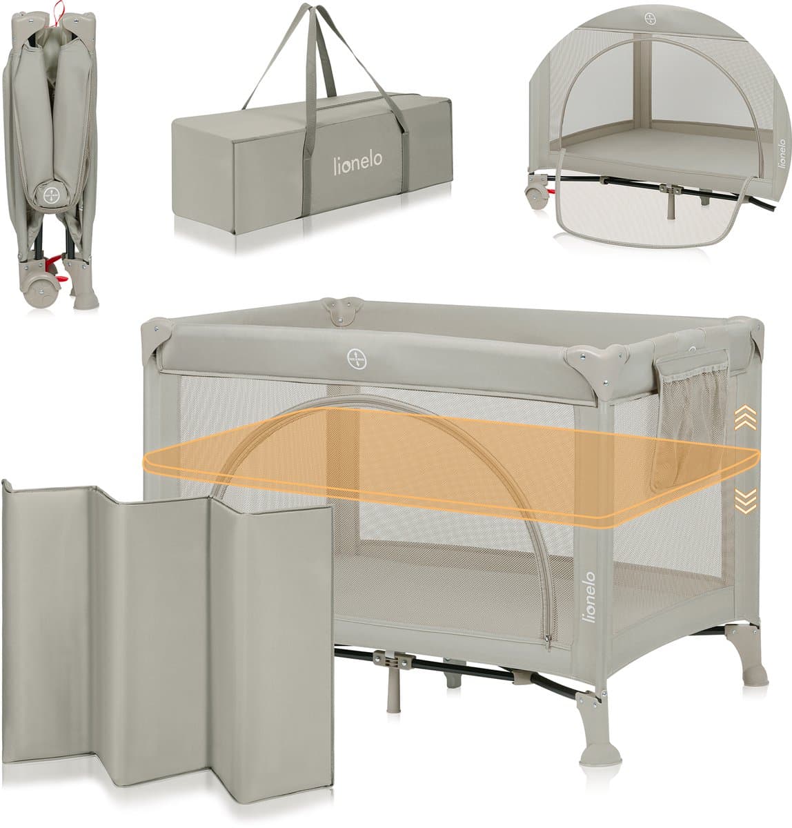 Lionelo Laura Campingbedje 2in1 – Reisbedje & Babybedje – 0-36 Maanden – 2 Matrasniveaus – Compact & Lichtgewicht – Schuimmatras – 2 Wielen met Rem – Mesh Zijpanelen – Zij-ingang – Opbergvak – Inclusief Draagtas