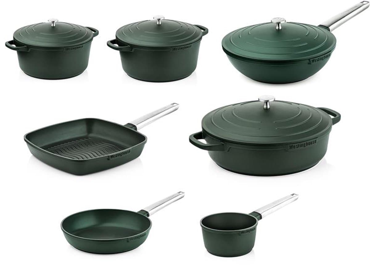 Westinghouse Performance 7-delige Pannenset – Koekenpan + Braadpannen + Hapjespan + Wokpan + Grillpan + Steelpan – Inductie – Groen