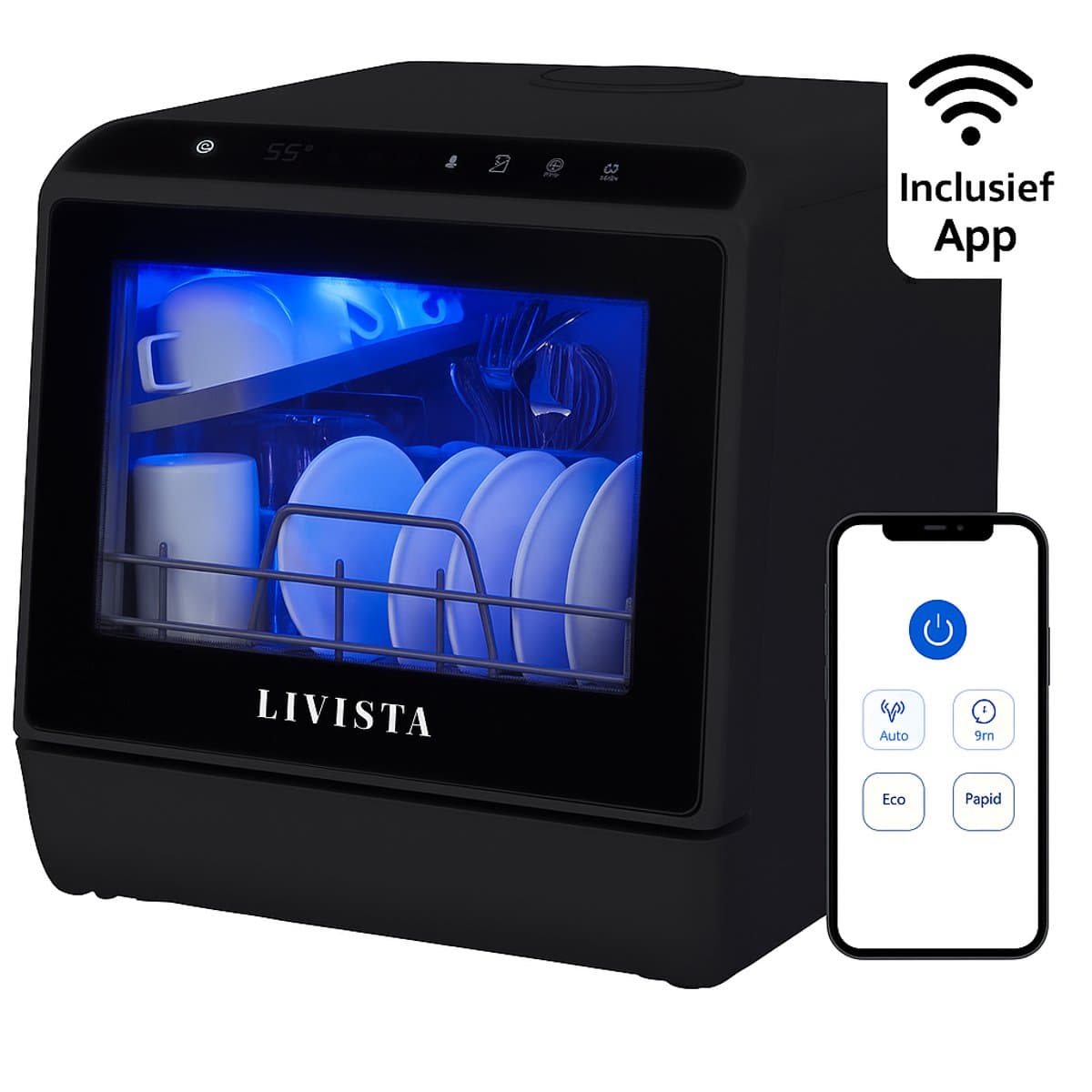 Livista Mini Vaatwasser incl APP - Vaatwasser - Vaatwasser Vrijstaand - Afwasmachine - Camping Vaatwasser - Zwart