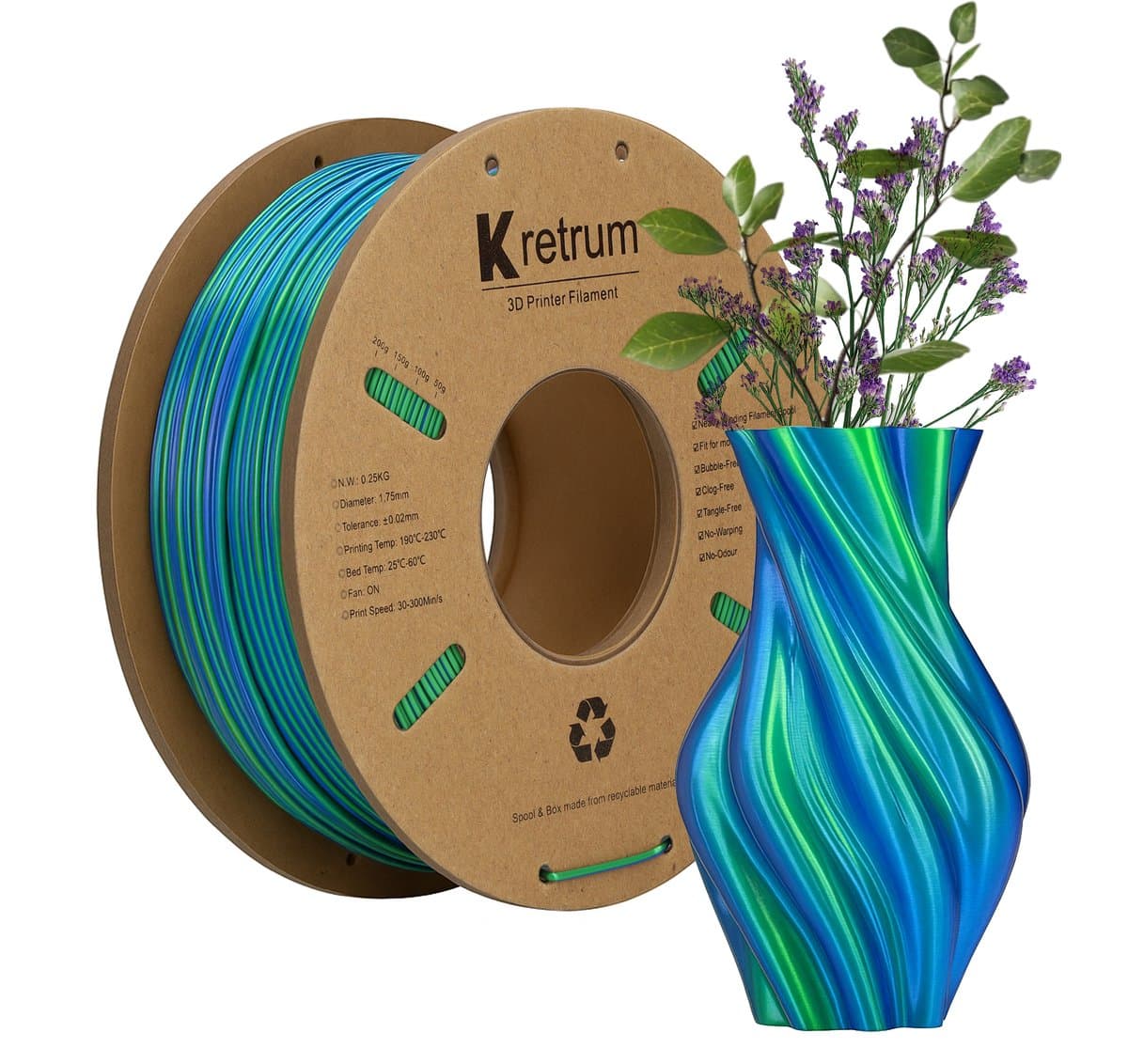 PLA Filament Multikleur - 3D Printer - 1,75mm - Voor FDM of FFF Printer - DIY - Groen en Blauw - 3D&Print