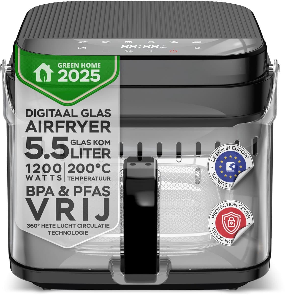 Turbotronic AFG5 Airfryer XXL met glazen bak- BPA & PFAS Vrij - 5.5L - Heteluchtfriteuse - Dual Heating - 40ºC tot 200ºC - 8 Kookprogramma's - Zwart